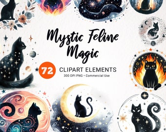 Black Cat Clipart - Celestial Magic Pagan Witchcraft - Mystical Cat PNG - Witchy Black Cat Clipart - Pagan PNG - Magic Clip Art