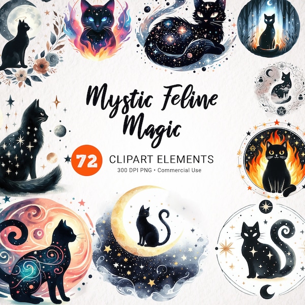 Black Cat Clipart - Celestial Magic Pagan Witchcraft - Mystical Cat PNG - Witchy Black Cat Clipart - Pagan PNG - Magic Clip Art