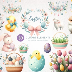 Pacchetto clipart acquerello pasquale - 33 immagini PNG, scene primaverili pastello, coniglietti e uova, uso commerciale, download istantaneo