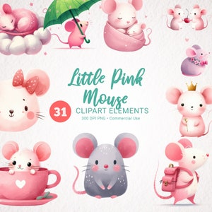 Bundle de cliparts aquarelle petite souris rose - 31 images PNG transparentes - illustrations d'adorables souris - téléchargement numérique pour usage commercial