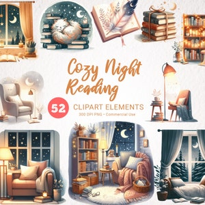 Cozy Reading Corner Clipart Bundle - Lecture de nuit à l’aquarelle, étagère, bibliothèque esthétique PNG, bibliothèque d’art numérique intérieur