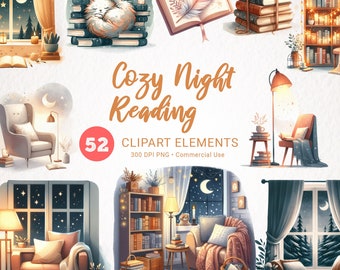 Cozy Reading Corner Clipart Bundle - Watercolor Night Reading, Bookshelf, Aesthetic Bookcase PNG, Library Interior Digital Art
