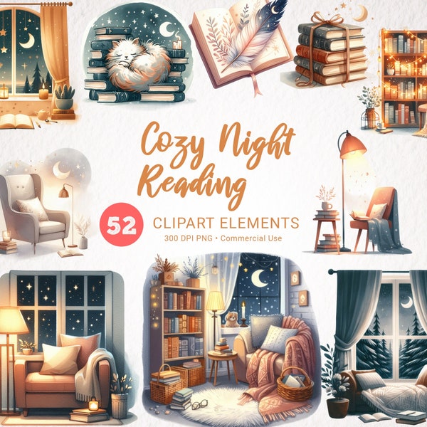 Cozy Reading Corner Clipart Bundle - Watercolor Night Reading, Bookshelf, Aesthetic Bookcase PNG, Library Interior Digital Art