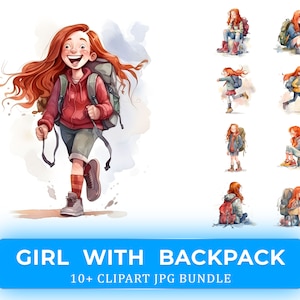 Fille avec sac à dos Clipart Bundle JPG 10+ Images - Illustration réaliste sur le thème de l’aventure aquarelle pour Scrapbooking numérique et carte