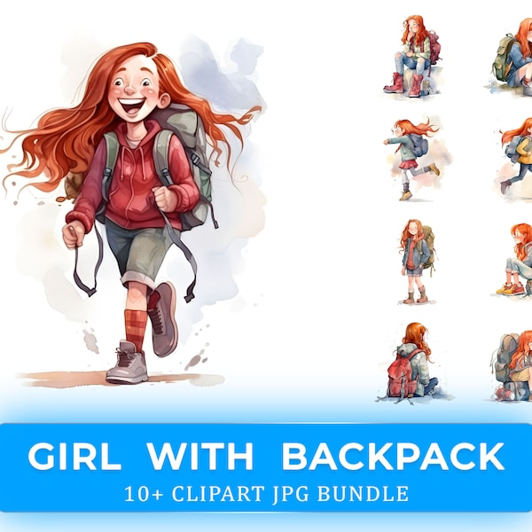 Girl With Backpack Clipart Bundle JPG 10+ Images - Realistic Watercolor Adventure Themed Illustration for Digital Scrapbooking and Card