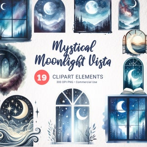 Mystische Mond Fenster Aquarell Clipart - Sterne und Mond Bündel PNG, Fantasy Innenraum Dekor, Instant Download Fenster Clipart