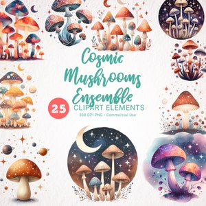Clipart acquerello funghi cosmici - Pianeti stelle mistiche occulte, bundle Trippy sognante, clip art di funghi magici