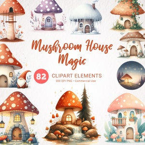 Clipart de casa de cogumelo mágico - Casa de cogumelo aquarela PNG, clipart ilustrado de aquarela de fantasia, uso comercial