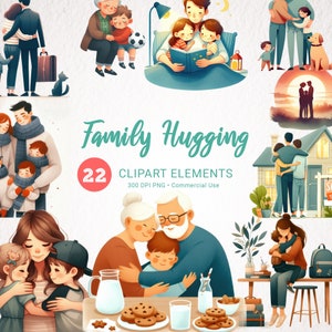 Bundle de cliparts aquarelle câlins famille - 22 images PNG de haute qualité - illustrations transparentes des étreintes de la famille, téléchargement numérique