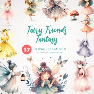 Aquarel Fairy Clipart Bundle - Kids Fantasy Art, Fairytale Vrienden PNG, Leuke Clipart voor kinderboeken, Instant Download Digitale Kunst