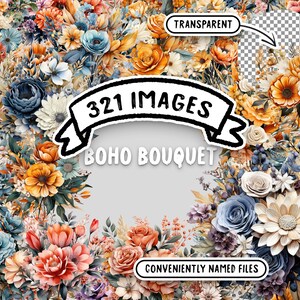 Pacchetto clipart acquerello Boho Bouquet - 321 PNG floreali Boho, immagini trasparenti per uso commerciale, download istantaneo