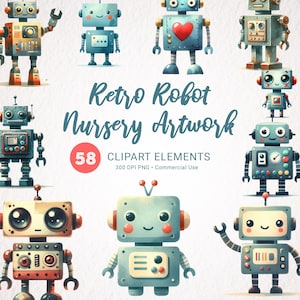 Vintage Robots Watercolor Clipart - Cute Robot PNG - Baby Boy Nursery Decor Clip Art - Digital Download