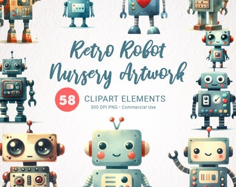 Vintage Robots Watercolor Clipart - Cute Robot PNG - Baby Boy Nursery Decor Clip Art - Digital Download