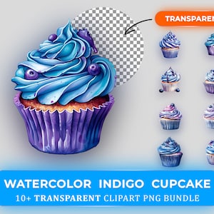 Aquarel Indigo Cupcake Clipart Bundel PNG - 10+ PNG's van hoge kwaliteit