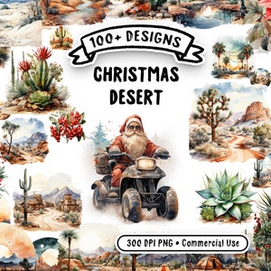 Mega bundle acquerello deserto di Natale - 106 immagini PNG clipart, scene festive di cactus e oasi, alta qualità, uso commerciale