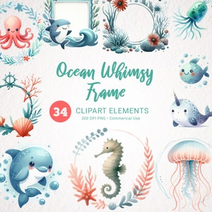 Aquarell Unterwasser Kranz Clipart, Nautische Rahmen PNG, Kinderzimmer Dekor Download, Babyparty Ozean Thema Dekoration