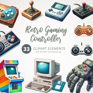 Paquete de imágenes prediseñadas de acuarela de controlador de juegos retro - 33 PNG de jugador vintage - Descarga digital transparente, de alta calidad para uso comercial