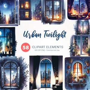 Watercolor City Night Window Clipart, Streetlights Bundle PNG, Fantasy Window Instant Download, City Window Watercolor Clipart