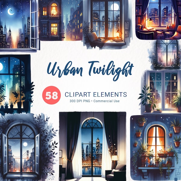 Watercolor City Night Window Clipart, Streetlights Bundle PNG, Fantasy Window Instant Download, City Window Watercolor Clipart