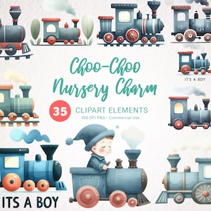 Clipart de trem em aquarela - decoração de berçário de bebê, é um menino, chá de bebê, arte de parede de berçário, trem png