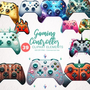 Gaming Controller aquarel clipart bundel - 39 HD PNGs - transparante kleurrijke controller illustraties - Instant Download commercieel gebruik