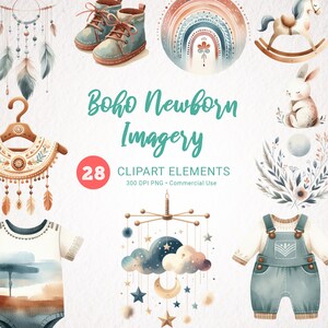 Boho Baby Shower Clipart - Archivos PNG para niños recién nacidos en acuarela, descarga digital, decoración de guardería para bebés Boho