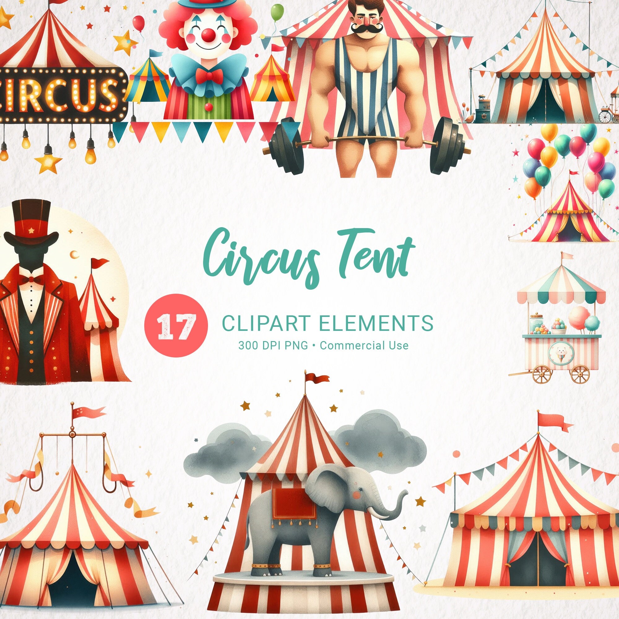 Circus Tent Watercolor Clipart Bundle - 18 Transparent PNG Images of ...