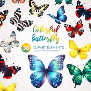 Papillon coloré aquarelle Clipart Bundle - 30 images PNG pour un usage commercial, téléchargement instantané, clipart transparent de haute qualité