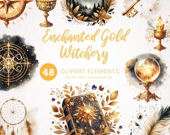 Witchcraft Clipart Bundle, Gold Witch PNG, Magic Clipart, Mystical Pagan Art, Witchcraft Pagan PNG, Mystical Gold Clip Art