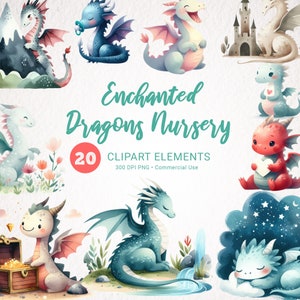 Aquarell Drachen Clipart - Süßer Drache PNG für Kinderzimmer Dekor & Babyparty, Neutrale Drachen ClipArt