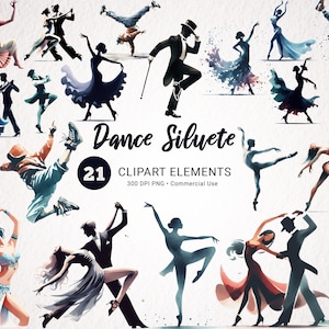 Aquarelle Danse Silhouette Clipart - 21 PNG Big Bundle | Ballet, hip-hop, salsa et plus | Graphiques de haute qualité pour un usage commercial