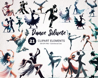 May include: A set of 21 watercolor-style dance silhouettes in various poses. The silhouettes are in shades of blue, green, and black. The text "Dance Siluete" and "21 CLIPART ELEMENTS" is included in the image.