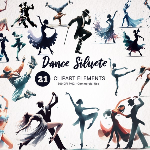 Watercolor Dance Silhouette Clipart - 21 PNG Big Bundle | Ballet, Hip-Hop, Salsa & More | High Quality Graphics for Commercial Use