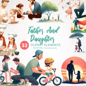 Pacchetto clipart acquerello padre e figlia - 33 immagini PNG, momenti familiari, attività di paternità, download istantaneo per uso commerciale