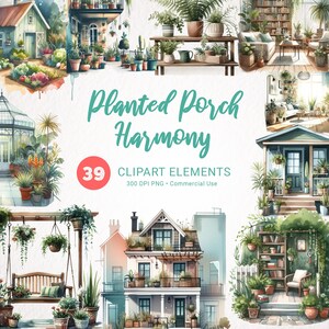 Clipart de plantas de casa em aquarela, arte de paisagem de varanda PNG, ilustração de casa plantada, gráficos de plantas para scrapbooking, suprimentos para diários indesejados