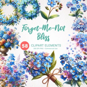 No me olvides paquete de imágenes prediseñadas, flores silvestres azules de primavera de acuarela, scrapbooking floral delicado, descarga instantánea, flores en imágenes prediseñadas de jarrón