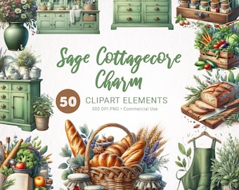 Cottagecore Kitchen Clipart Bundle, Watercolour Sage Countryside, Farm Life, Rustic Cozy Living, Simple Chickens Cottage Decor