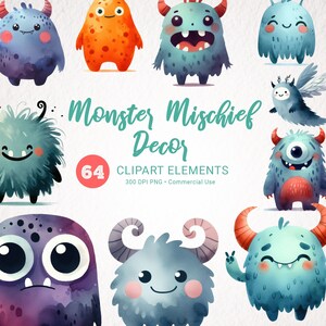 Acquerello Monster Clipart Cute Nursery Decor - Mostri di compleanno stampabili per neonato