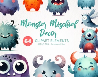 Aquarell Monster Clipart, süsses Kinderzimmer Dekor - Printable Baby Junge Geburtstag Monster