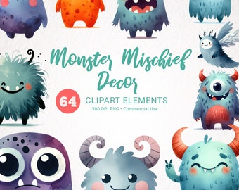 Aquarell Monster Clipart, süsses Kinderzimmer Dekor - Printable Baby Junge Geburtstag Monster