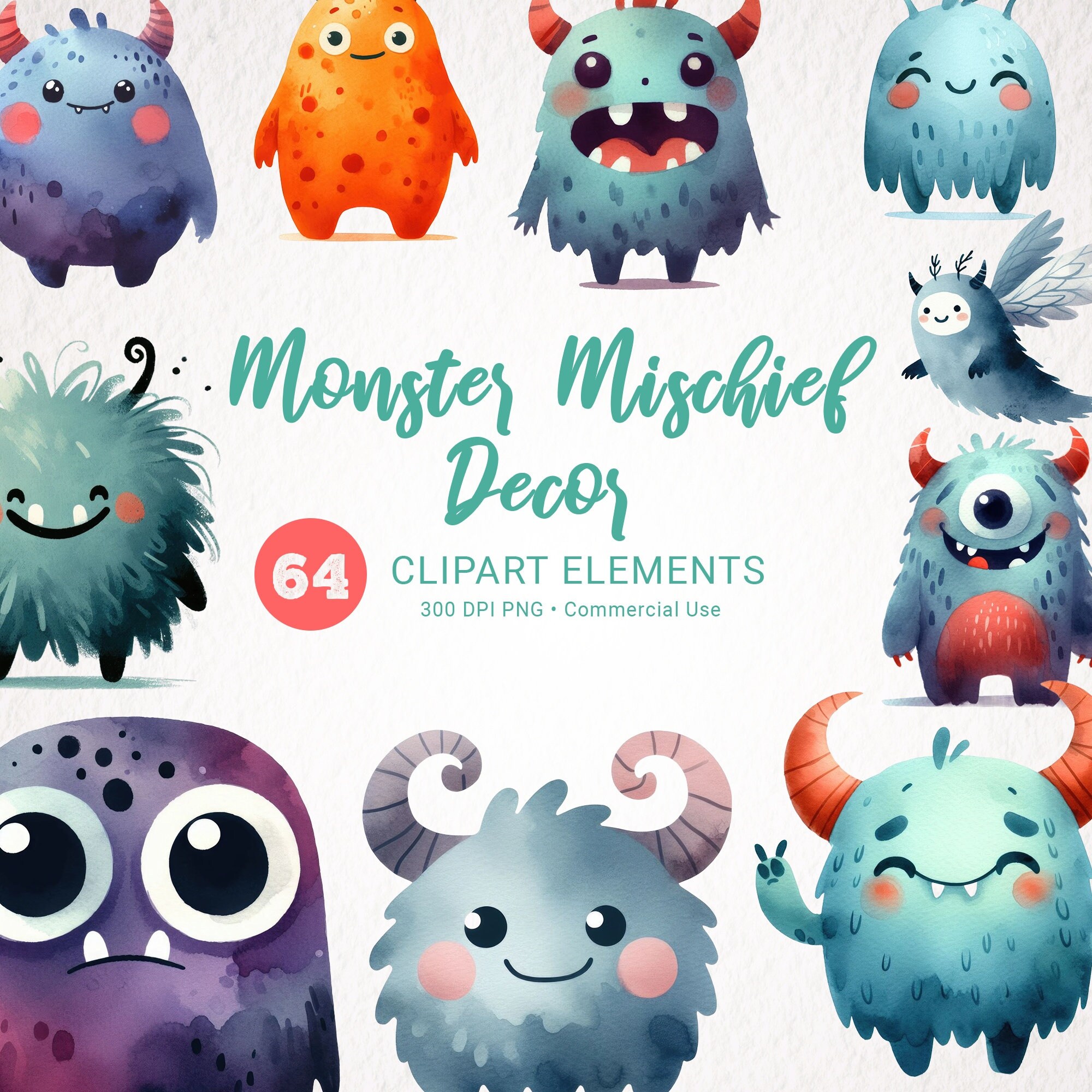 Watercolor Monster Clipart Cute Nursery Decor - Printable Baby Boy Birthday Monsters