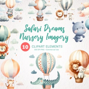 Safari Tiere Clipart - Aquarell Kinderzimmer Dekor, Baby-Dusche Kunst, Heißluftballon, Baby-Wand-Dekor, Dschungel-Thema