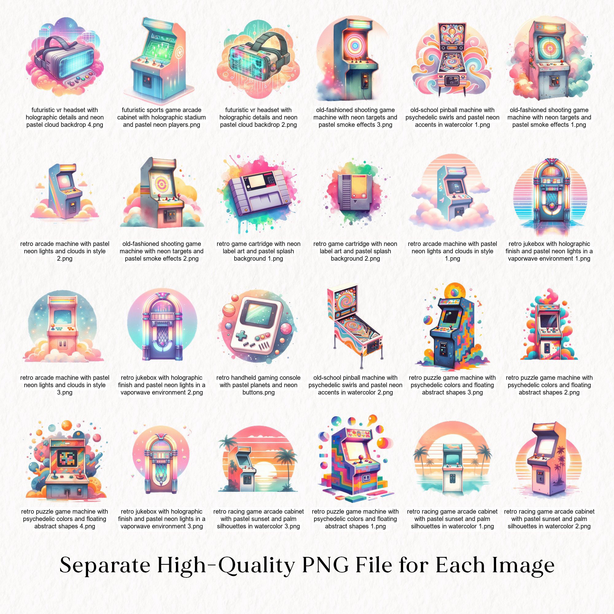 Vintage Arcade Machine Watercolor Clipart Bundle Pastel Neon Cyberpunk ...