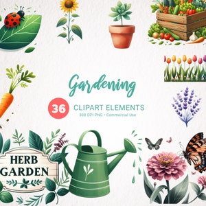 Clipart ad acquerello Gardening Essentials - Pacchetto da giardino PNG 36x, Immagini trasparenti e vivaci, Download istantaneo per uso commerciale