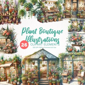 Pacote de clipart de loja de plantas de casa em aquarela - ilustrações fofas de loja mágica da moda, PNG aconchegante para uso comercial, álbum de recortes