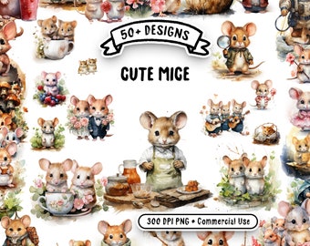 Cute Mice Watercolor Clipart Bundle - 57 Transparent PNG Images - Whimsical Mouse Illustrations for Crafting and Commercial Use
