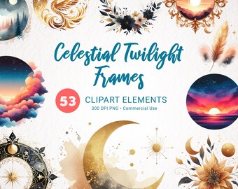May include: A set of 53 celestial-themed clipart elements, featuring moon phases, stars, and floral designs. The elements are in a watercolor style with gold accents and are perfect for creating invitations, cards, and other digital projects.