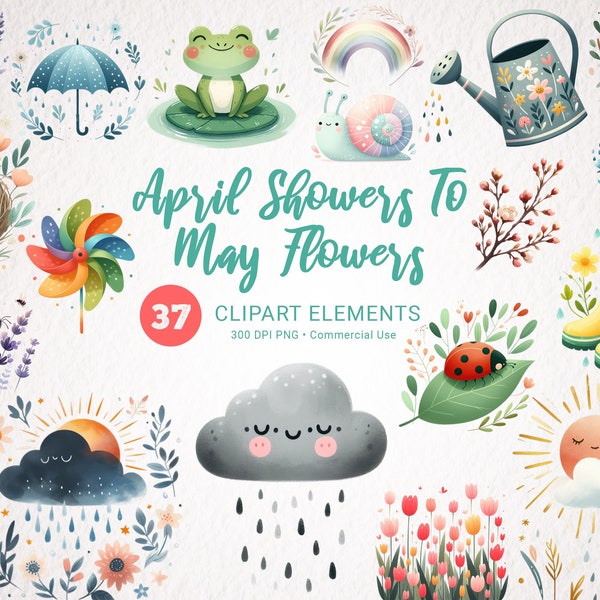 April Showers to May Flowers Watercolor Clipart - 37 PNG Big Bundle, High Quality, Instant Download, Commercial Use