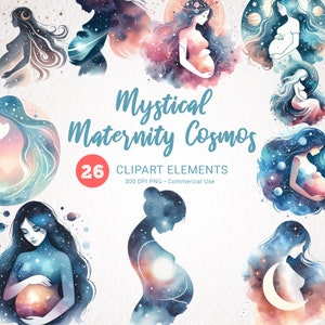 Clipart aquarelle déesse enceinte - grossesse céleste, étoiles de la galaxie lunatique, fantastique mystère, téléchargement immédiat Bundle