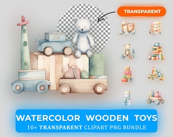 Watercolor Wooden Toys Clipart Bundle PNG 10+ High Quality PNGs. Suitable for Sublimation